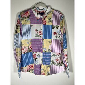 Vintage 90s Hunt Club preppy patchwork floral striped button-up shirt sz 12